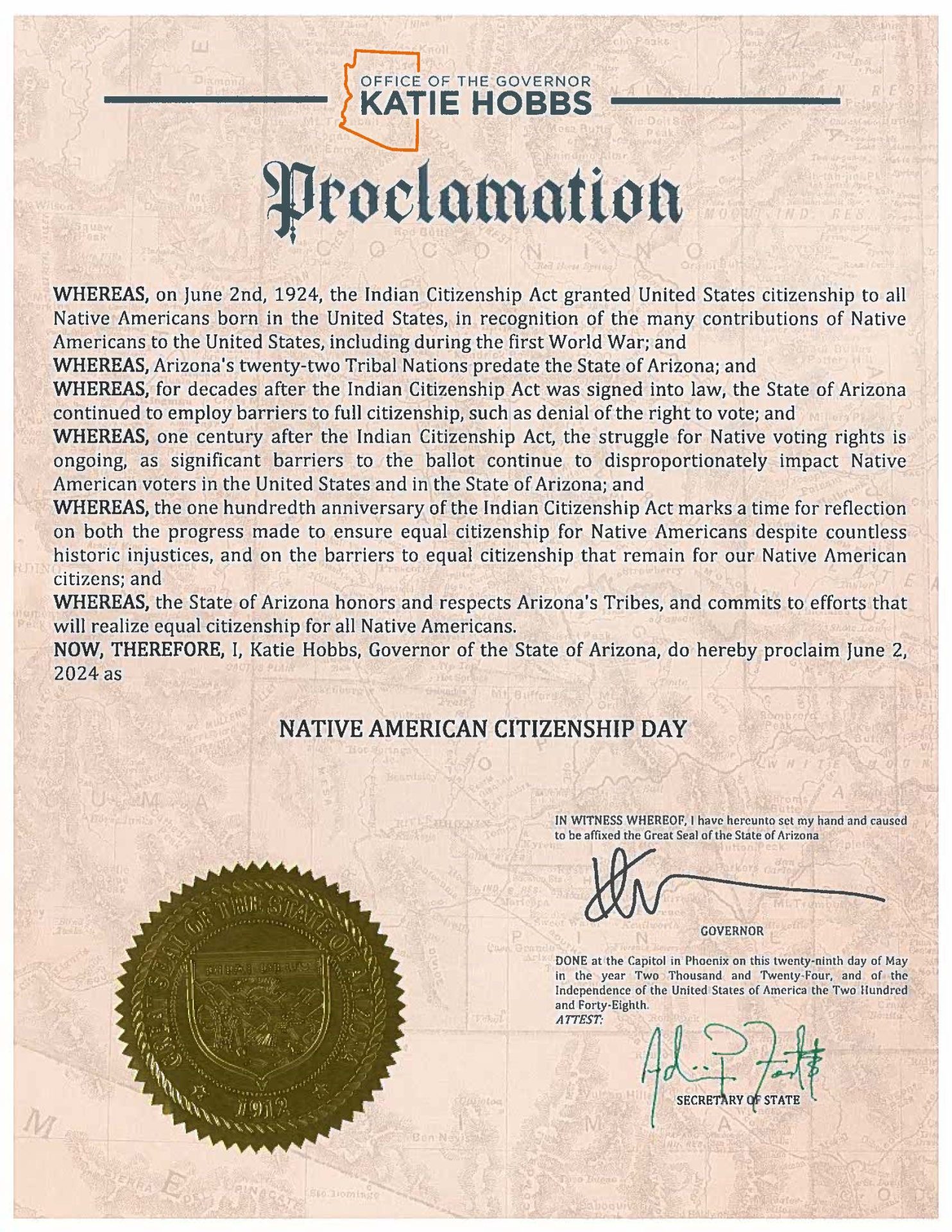 Governor Hobbs Proclaims June 2 Native American Citizenship Day