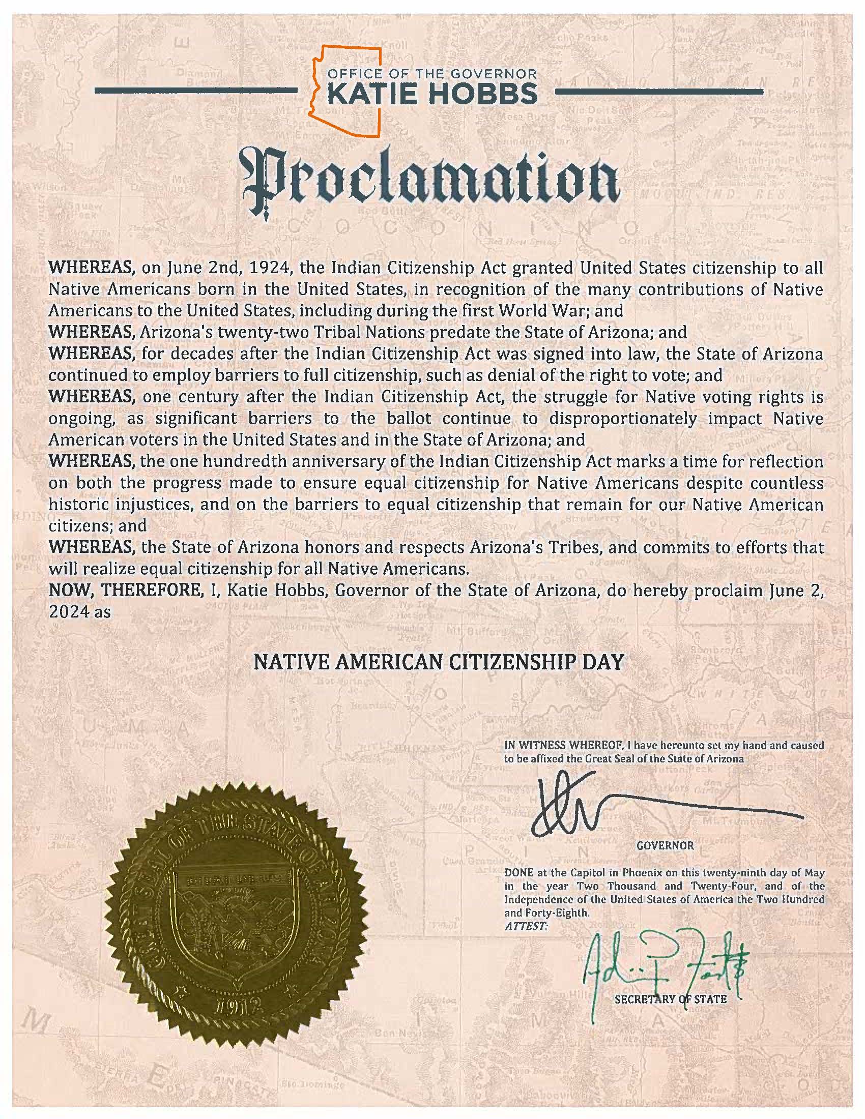 Governor Hobbs Proclaims June 2 Native American Citizenship Day O