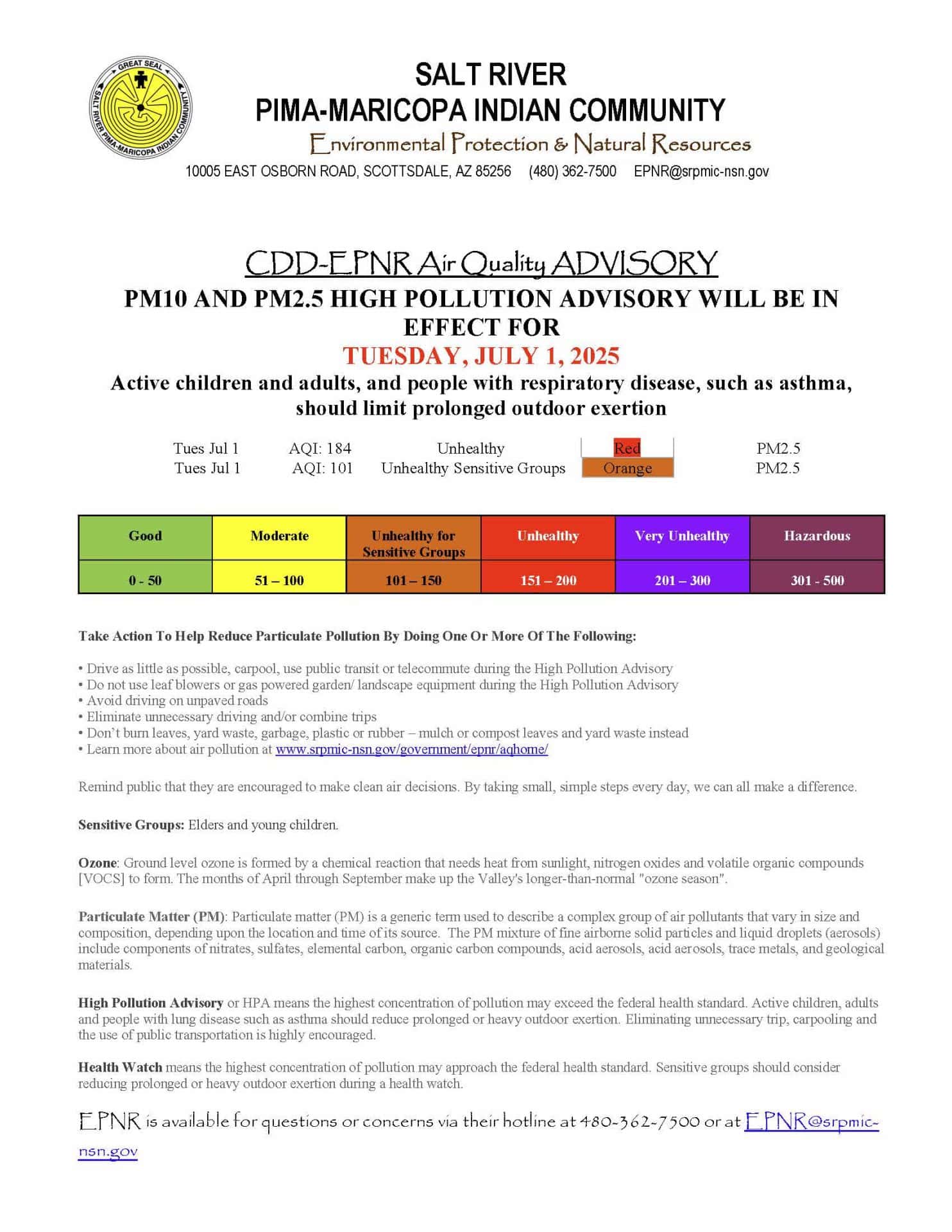 High Pollution Advisory in Effect For SRPMIC High Pollution Advisory in Effect For SRPMIC